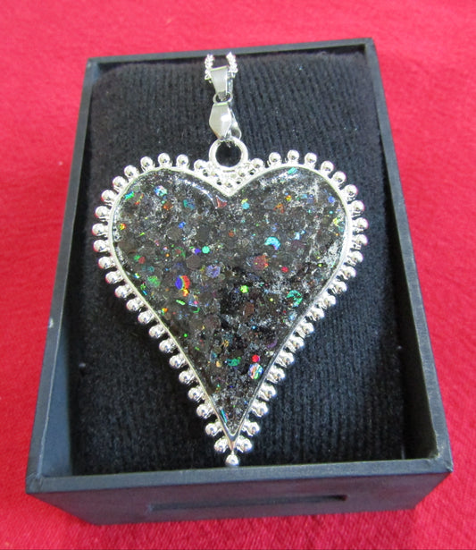 Large Fancy Heart Pendant with Holographic Black Glitter