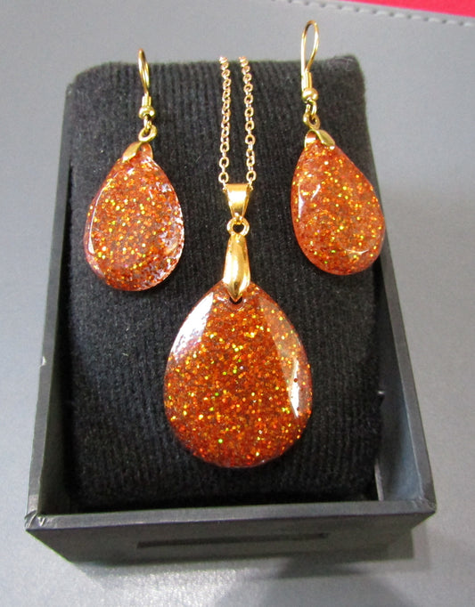 Medium Oval/Teardrop Pendant and Drop Earring set - Orange Glitter