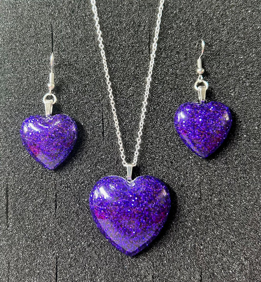Large Heart Pendant and Earring set - Holographic Purple