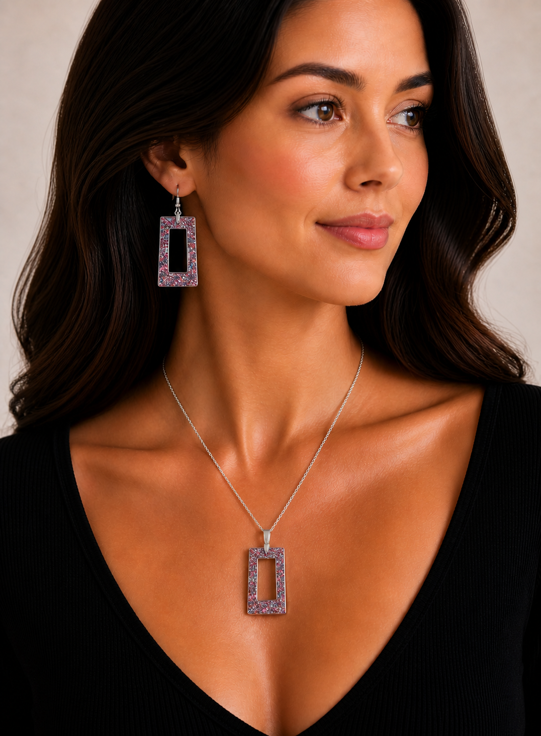 Cosmic Glitter Rectangle Necklace & Earring Set