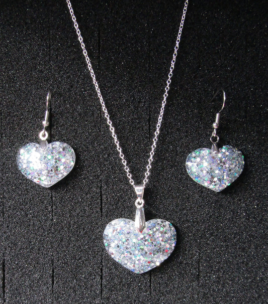 Medium Faceted Heart Pendant and Earring set - Holographic Silver