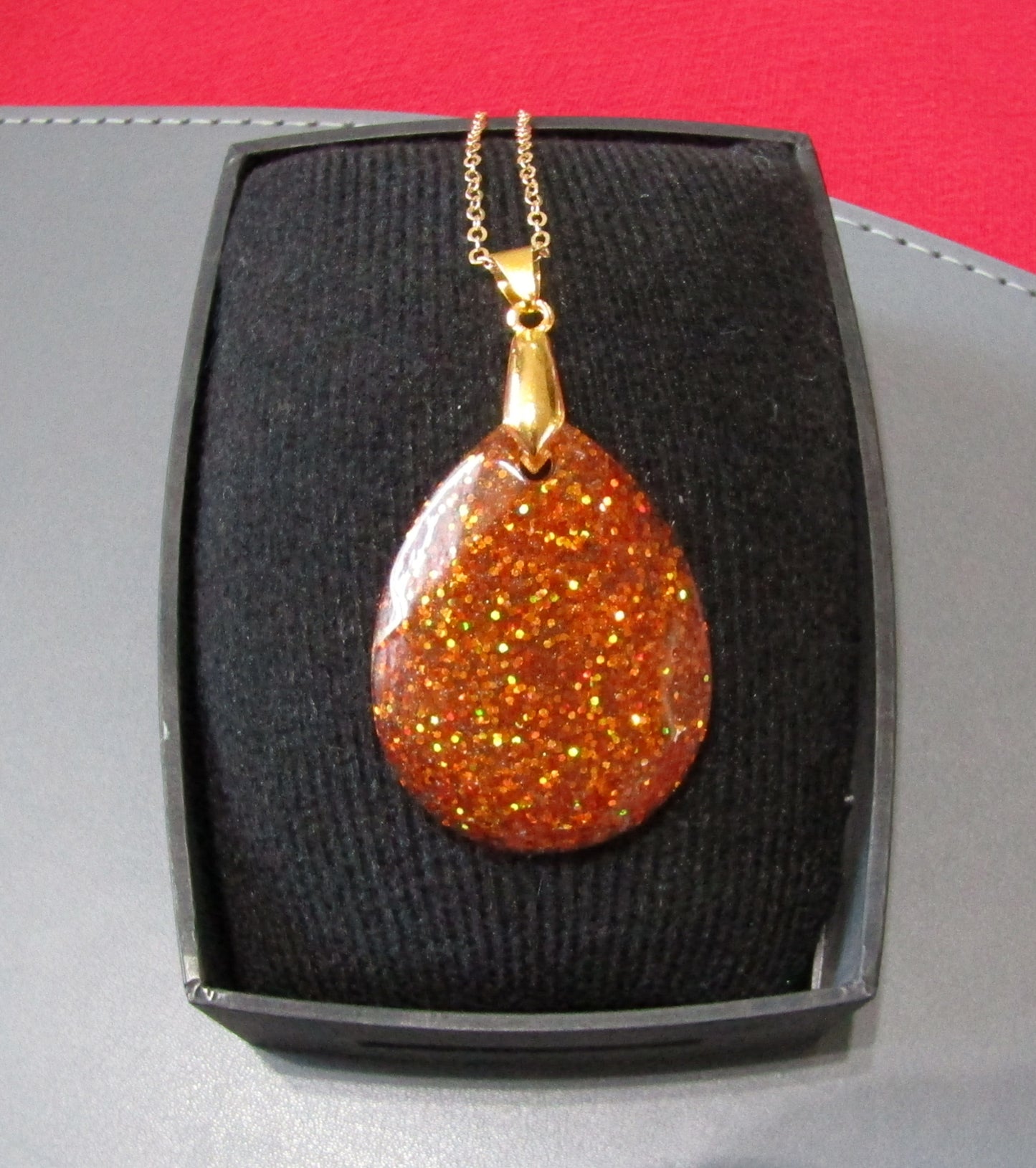 Medium Oval/Teardrop Pendant and Drop Earring set - Orange Glitter
