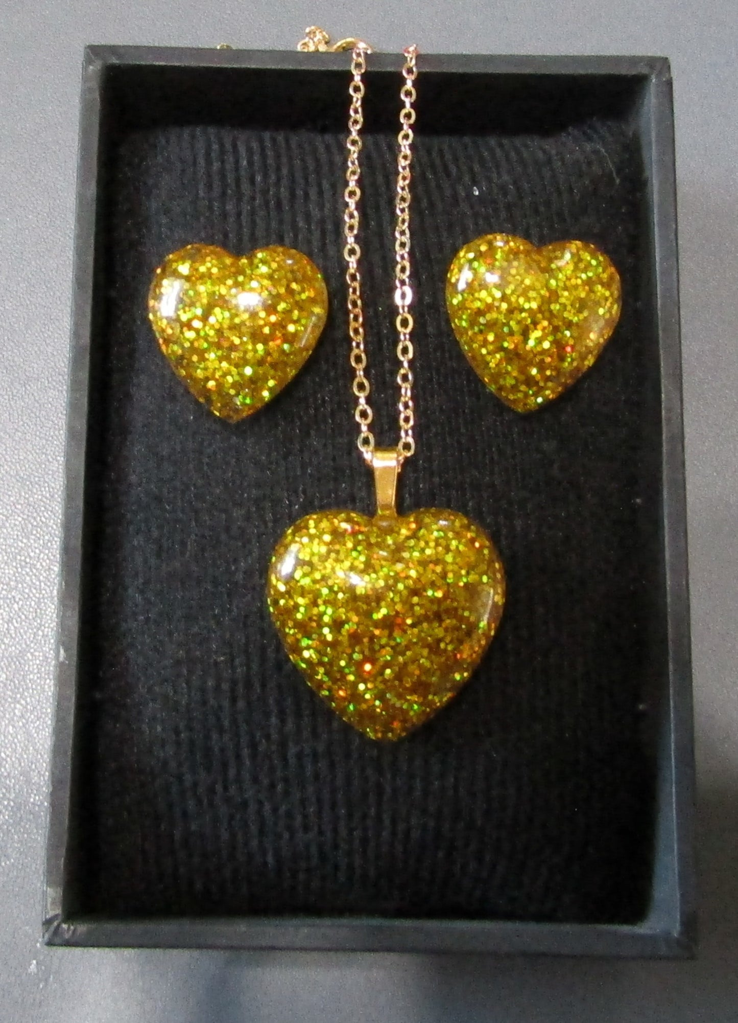 Medium Heart Pendant and Stud Earring set - Holographic Gold colour