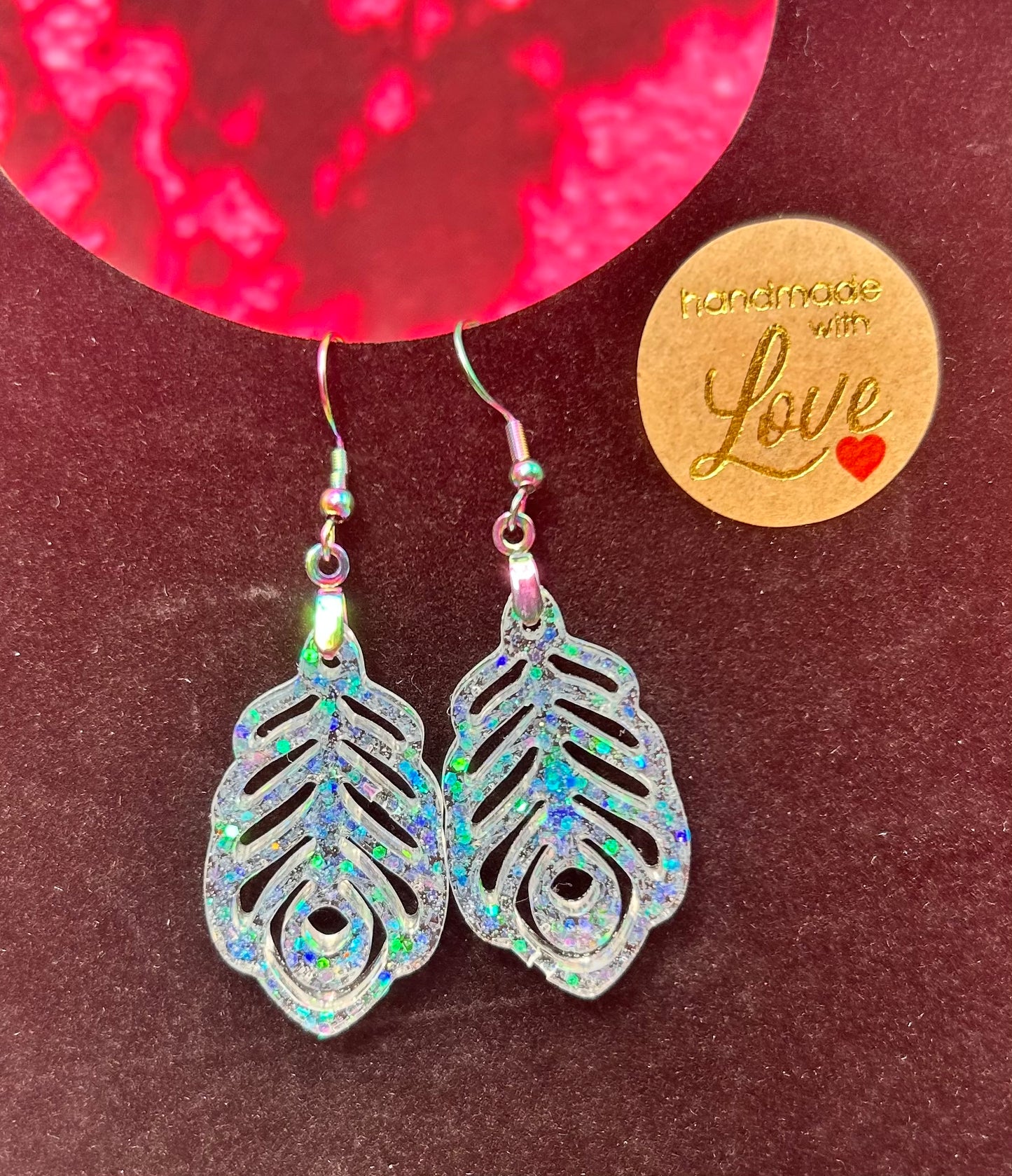 Clear Holographic Peacock Feather Earrings