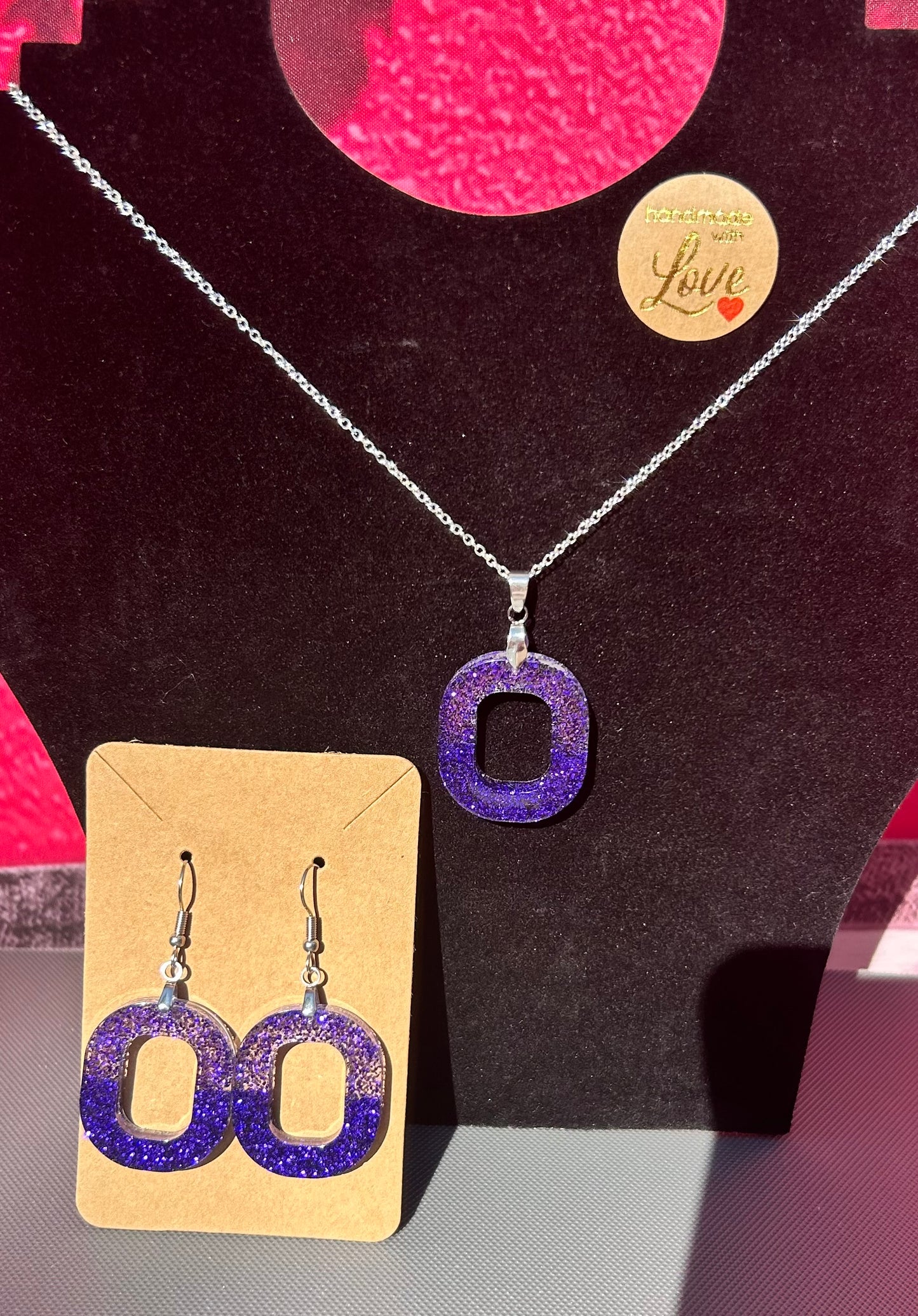Purple Glitter Oval Necklace & Earring Set