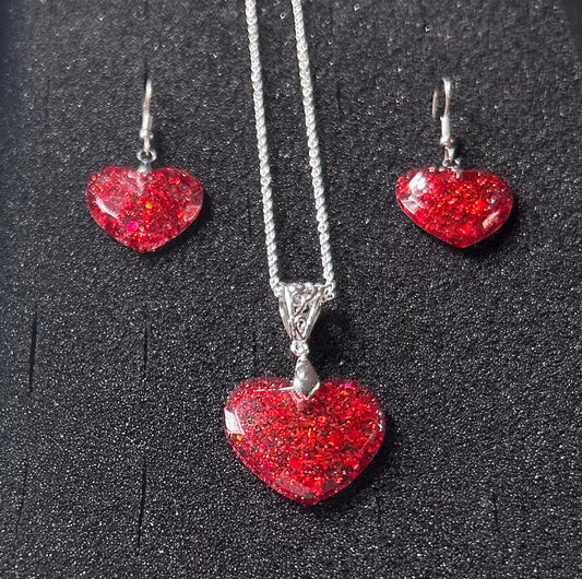 Medium Faceted Heart Pendant and Earring set - Holographic Ruby Red
