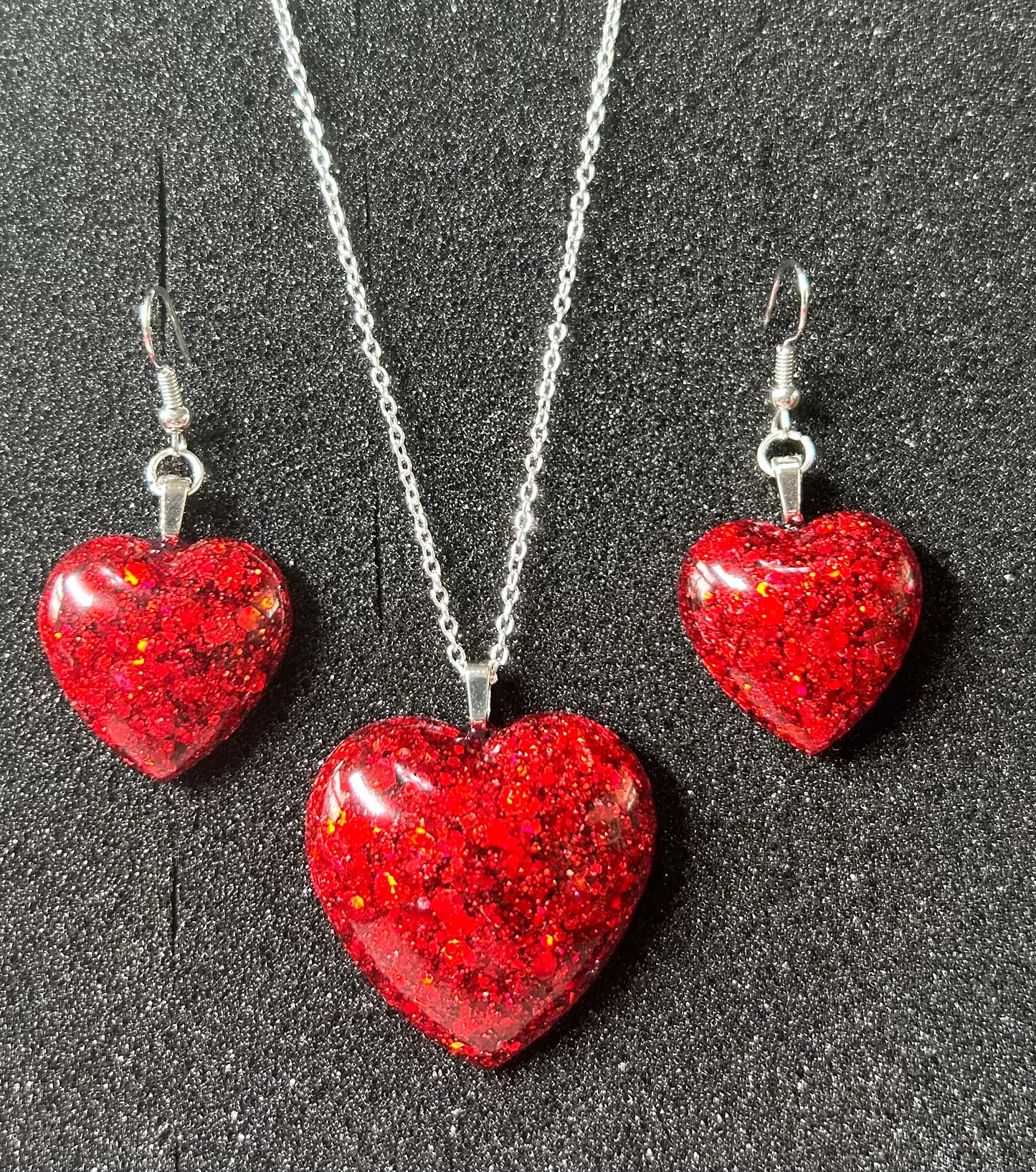 Large Heart Pendant and Earring set - Holographic Ruby Red