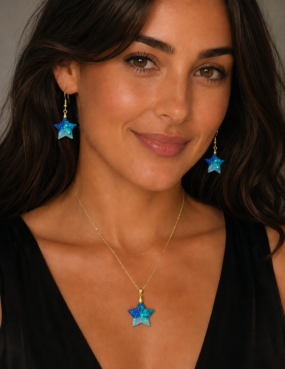 Star Pendant and Earring set - Blue/Turquoise/White