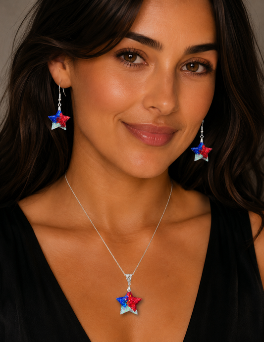 Star Pendant and Earring set - Red/White/Blue