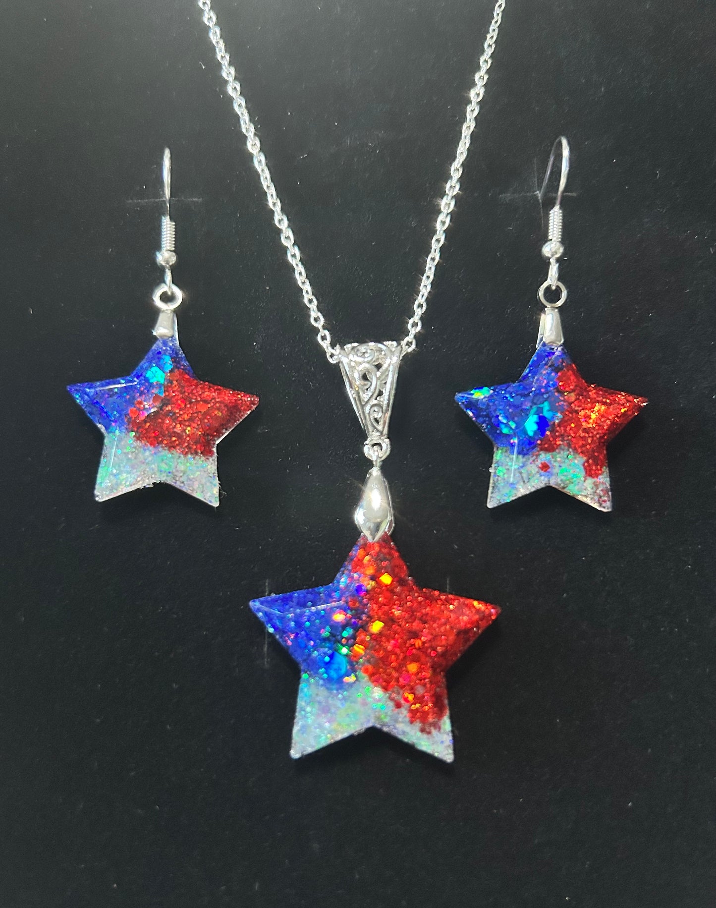 Star Pendant and Earring set - Red/White/Blue