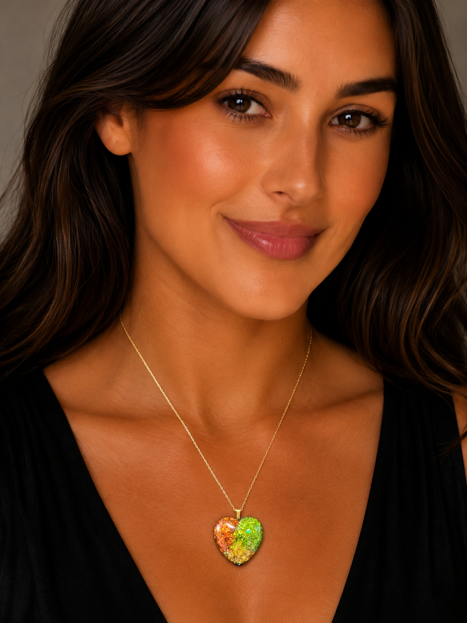 Tri-Glitter Heart Pendant - Orange/Green/Gold