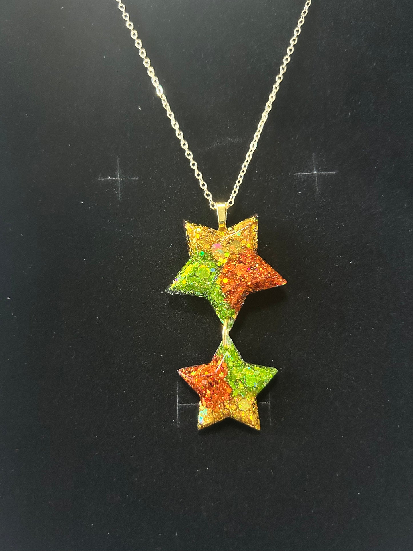 Tri-Glitter Star Duo Pendant - Orange/Green/Gold