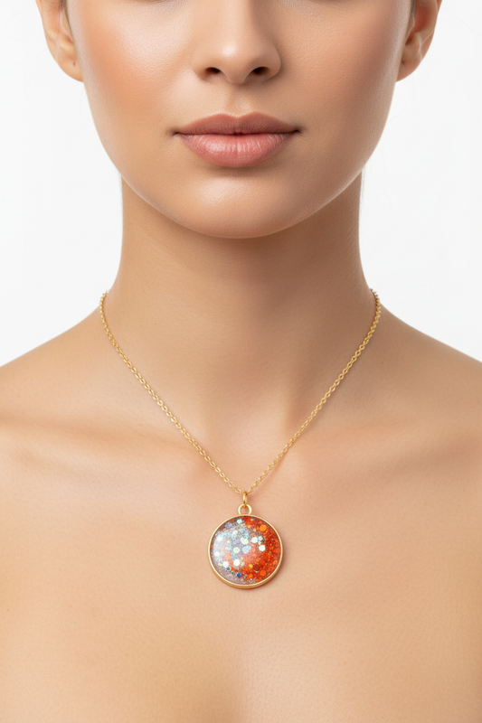 Orange and silver holographic glitter circle pendant on model