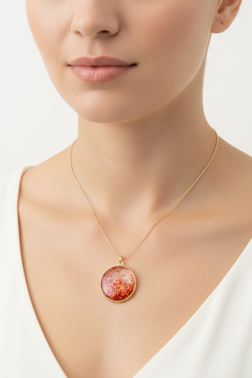 Red orange glitter circle pendant on model