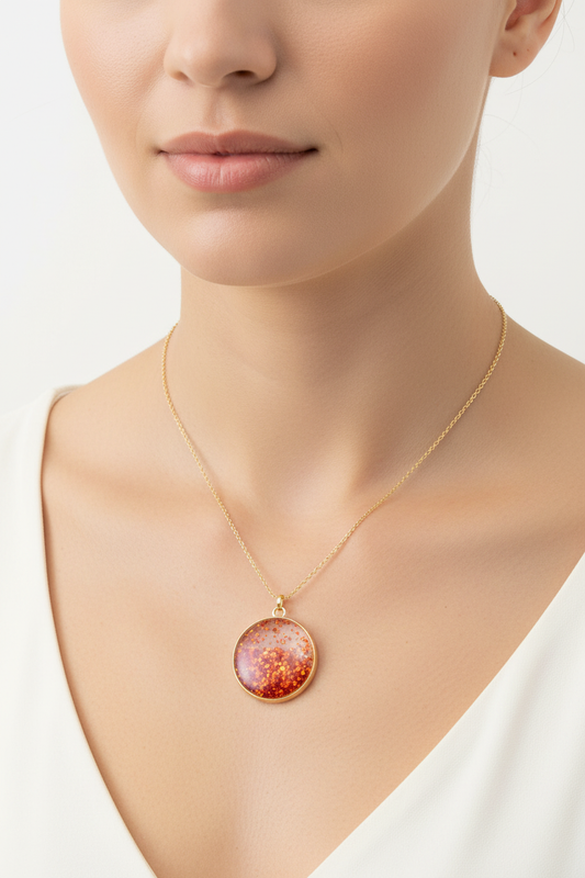Red orange glitter circle pendant on model