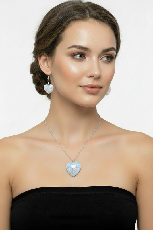 White opal glitter heart set on model